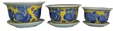 Blue and yellow planters with saucers - set of 3 - porcelain