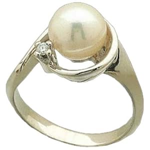 14K White Gold Cultured White Pearl & Diamond Ring