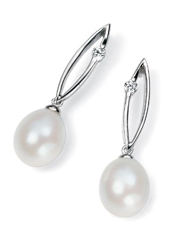 Elements Sterling Silver, Ladies, E4498W, Marquise Drop Pearl Earring with Cubic Zirconia