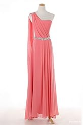 A-line Chiffon Beaded Lace-Up One Shoulder Evening Dress/Wedding Party Dress 