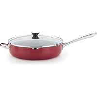 WearEver A8278264 Cook and Strain Nonstick Stainless Steel Handle Red Metallic Exterior 5-Quart Jumbo Cooker Fry Pan with Glass Lid Cookware, Red