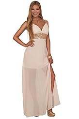 Junior V-neck Chiffon/Polyester Empire   Waistline Sleeveless Slit Sequined  Dress
