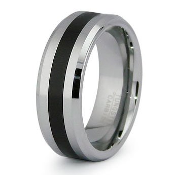 Tungsten Carbide Beveled Edge Wedding Band Ring w/ Black Resin Inlay 8mm