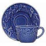 Majolica Sea Shell Ceramic Pottery Cup / Saucer Blue 2.5H
