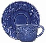 Majolica Sea Shell Ceramic Pottery Cup / Saucer Blue 2.5"H