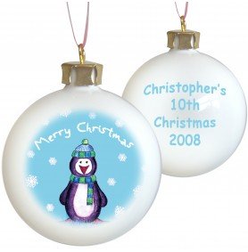 Christmas Tree Oval Shaped Baubles - Personalised, Penguin