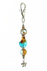 Key Chain / Purse Clip - K8 - Murano Style Glass ~ Aqua and Brown Twist with Star Charm