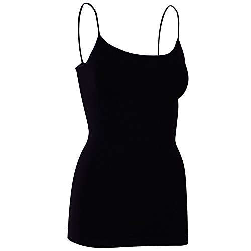Womens Soft Stretchy Solid Color Essential Spaghetti Strap Long Tank Top Cami Black, One Size