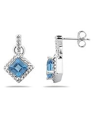 Princess Cut Blue Topaz & Diamond Earrings in 14K White Gold