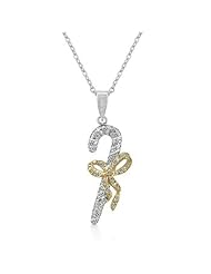 Alexander James White Gold Rhodium Bonded Holiday Candy Cane Cubic Zirconia Pendant in Silvertone Chain Included