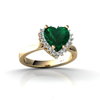 14K Yellow Gold Heart Created Emerald and Diamond Ring