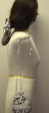 Sn13, Hand Crocheted Silver Metallic Gimp Dress Snood with Silver Bow and Button for Women and Teens Offered with Hand Crocheted Silver Metallic Pocket Book and Trimmed with Black Beads