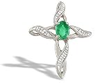 14K White Gold Genuine Oval Emerald and Diamond Cross Pendant