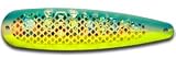 Warrior Lures Holo-Blue/Yellow Dolphin Hot Glow standard or magnum fishing trolling spoon. (Gold holographic tape)