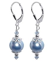 Classic Beauty Blue Faux Pearl Swarovski Crystal Sterling Silver Leverback 1.5" Drop Earrings