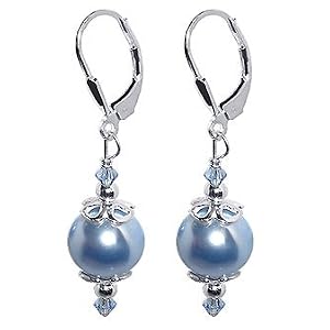 SCER033 Beautiful Blue Faux Pearl Swarovski Crystal Sterling Silver Lever back 1.5" Drop Earrings