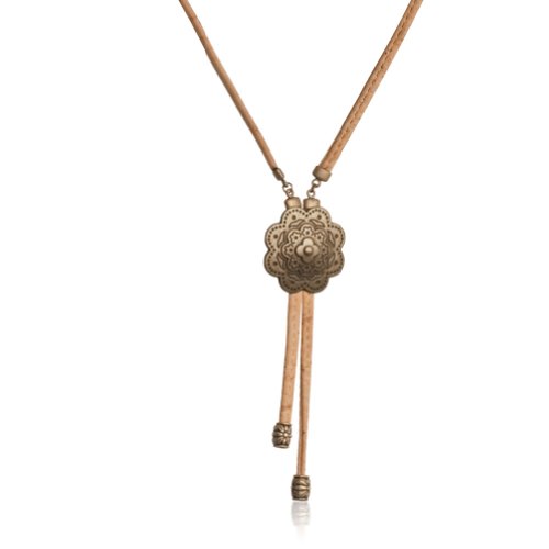 Corkor, Cork Long Natural Necklace With Golden Flower, Eco-Friendly