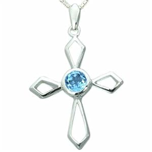 Buy 1.00 Carat Genuine Round Swiss Blue Topaz Cross Sterling Silver Pendant Necklace by Peora