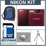 Nikon Coolpix S70 12.1 Megapixel Digital Camera Kit,- Red - 4GB SD Memory Card, Camera Case, 2 Year Extended Service Coverage, Table Top Tripod,