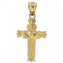 Claddagh Cross Pendant in Solid 14K Yellow Gold
