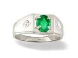 14K White Gold Genuine Oval Emerald and Diamond Men's Ring