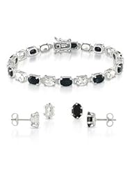 Sterling Silver Black Sapphire, and White Topaz Bracelet and Earring Set