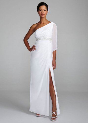 David’s Bridal Wedding Dress: One Shoulder Beaded Empire Waist Gown Style 875224