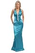 #1001 - BEST SELLER - Formal Evening Gown. Sexy full length satin finish dress with deep V bodice and rhinestone accent!