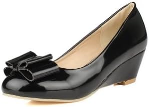 Vogue009 Females Solid Wedge Closed Pointed Toes Patent Leather Pumps with Bowknot, Black, 37