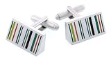Silver plated brushed finish wedge shaped cufflinks with green, blue and orange enamels in a barcode effect.