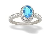 14K White Gold Genuine Oval Blue Topaz and Diamond Couture Ring