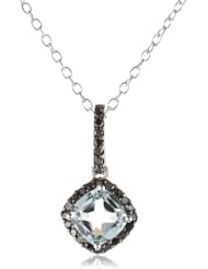 Sterling Silver Aquamarine and Black Diamond Pendant Necklace (0.14 cttw), 18"