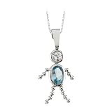 14K White Gold Cubic Zirconia and Oval Shaped Imitation Blue Topaz Boy Pendant with Chain