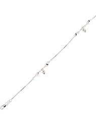 10" 14K White Gold Polished Snake Like Chain Link w/ Polished Water Drop Like & Diamond Cut Heart Shape Adjustable Anklet w/ Lobster Clasp