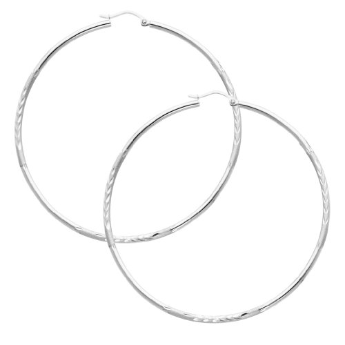 14K White Gold 2mm Thickness Diamond Cut Satin High Polished Elegant Hoop Earrings (1.8