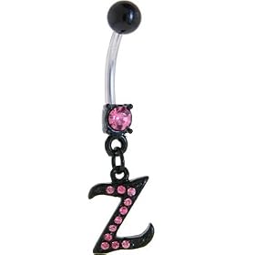 Black Anodized PINK Jeweled Initial Belly Ring-LETTER "Z" by 