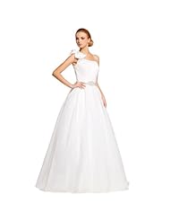 A-line Full Length One Shoulder Sleeveless Organza/Polyester Beaded Crystal Sequined Pleated Lace-Up Wedding Dress 