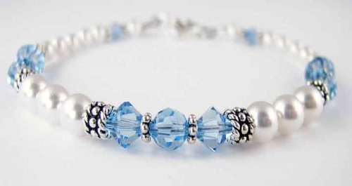 March Aquamarine Birthstone Swarovski Crystal Silver Beaded Bracelets/White Pearl Bracelets