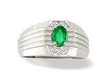 14K White Gold Genuine Oval Emerald and Diamond Men's Ring