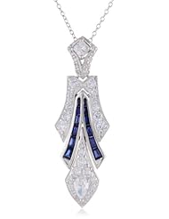 Sterling Silver Created Blue Sapphire and Simulated Diamond Textured Pendant Necklace, 18"