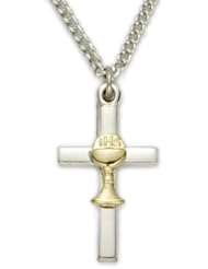 .925 Sterling Silver 2-Tone Cross Pendant Necklace with Chalice Childrens Religious Jewelry First Communion Gifts Gift Boxed w/Chain Necklace 18" Length Gift Boxed