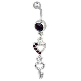 Pugster Red Crystal Heart And Key Dangle Belly Ring by Crystal Steel Belly Rings