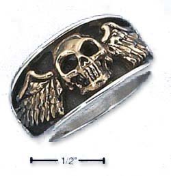 Sterling Silver Mens Bronze Skull With Wings Ring - Size 10.0
