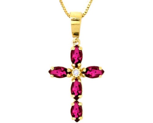 14K Yellow Gold Marquis Gemstone and Diamond Cross Pendant-Ruby , Chain- NOT included