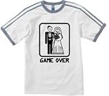 GAME OVER Funny Marriage - Memphis Striped T-shirt, White with Blue Stripes