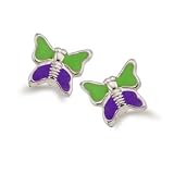 14k White Gold Green and Purple Epoxy Butterfly Stud Earrings