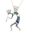Southwestern Kokopelli Pendant with Inlay of Sugilite, Mother of Pearl and Turquoise in Sterling Silver by Native American Navajo Artist Calvin Begay on 20" Rolo Chain, #7757