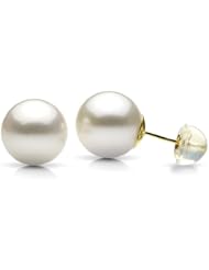 14k Yellow Gold 11-12mm White Perfect Round Cultured Freshwater Pearl High Luster Stud Earring with Silicone Over Gold-back Finding for More Secured. Include Small Brown Jewelry Gift Box with Bow.