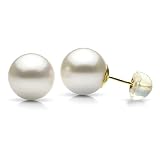 14k Yellow Gold 9-10mm Perfect Round White Cultured Freshwater Pearl High Luster Stud Earring AAA Quality.