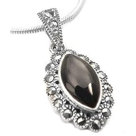 Sterling Silver Marcasite and Black ONYX Flower Pendant by 